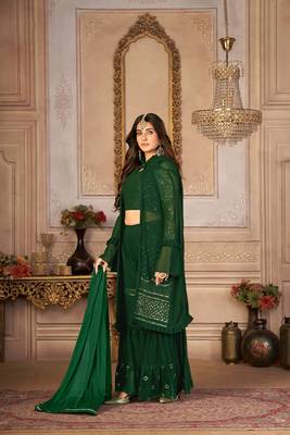 SPECTACULAR GREEN COLOR FANCY SEQUINS EMBROIDERED GEORGETTE BASE SHARARA SUIT SEMI STITCHED 4