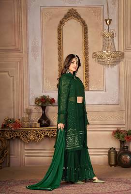 SPECTACULAR GREEN COLOR FANCY SEQUINS EMBROIDERED GEORGETTE BASE SHARARA SUIT SEMI STITCHED 5