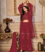 ELEGANT MAROON COLOR FANCY SEQUINS EMBROIDERED GEORGETTE BASE SHARARA SUIT SEMI STITCHED