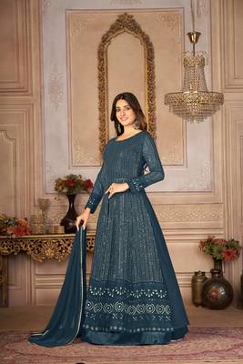 TURQUOISE GEORGETTE THREAD WITH SEQUIENCE EMBROIDERED WORK SALWAR SUIT DUPATTA 4