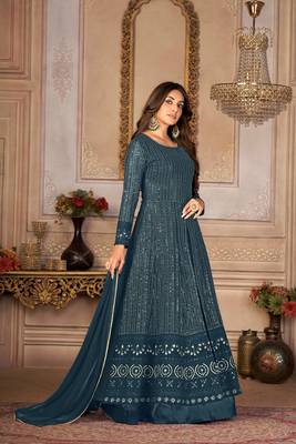 TURQUOISE GEORGETTE THREAD WITH SEQUIENCE EMBROIDERED WORK SALWAR SUIT DUPATTA 5