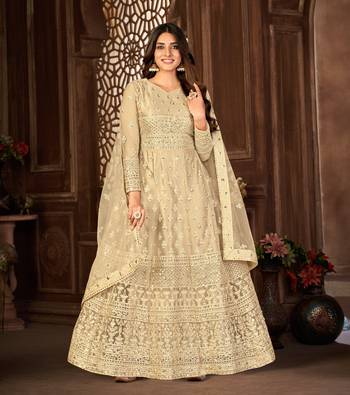 CREAM NET ANARKALI EMBROIDERED WORK LONG SALWAR SUIT DUPATTA 1