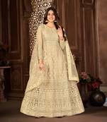 CREAM NET ANARKALI EMBROIDERED WORK LONG SALWAR SUIT DUPATTA