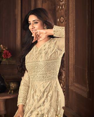 CREAM NET ANARKALI EMBROIDERED WORK LONG SALWAR SUIT DUPATTA 2