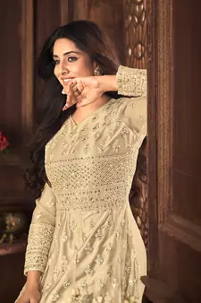 CREAM NET ANARKALI EMBROIDERED WORK LONG SALWAR SUIT DUPATTA