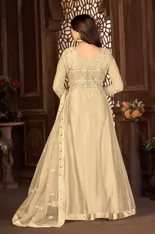 CREAM NET ANARKALI EMBROIDERED WORK LONG SALWAR SUIT DUPATTA