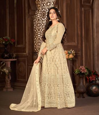 CREAM NET ANARKALI EMBROIDERED WORK LONG SALWAR SUIT DUPATTA 4