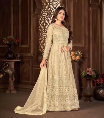 CREAM NET ANARKALI EMBROIDERED WORK LONG SALWAR SUIT DUPATTA 5