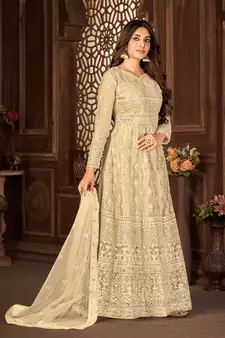 CREAM NET ANARKALI EMBROIDERED WORK LONG SALWAR SUIT DUPATTA