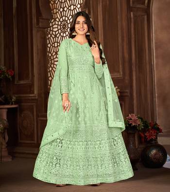 GREEN NET ANARKALI EMBROIDERED WORK LONG SALWAR SUIT DUPATTA 1