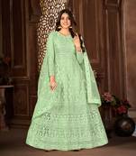 GREEN NET ANARKALI EMBROIDERED WORK LONG SALWAR SUIT DUPATTA