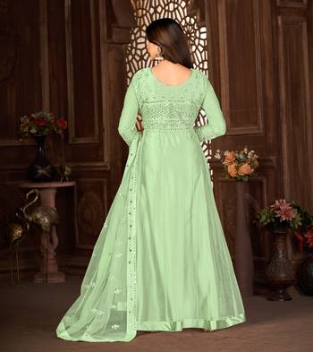 GREEN NET ANARKALI EMBROIDERED WORK LONG SALWAR SUIT DUPATTA 3