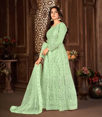 GREEN NET ANARKALI EMBROIDERED WORK LONG SALWAR SUIT DUPATTA 4