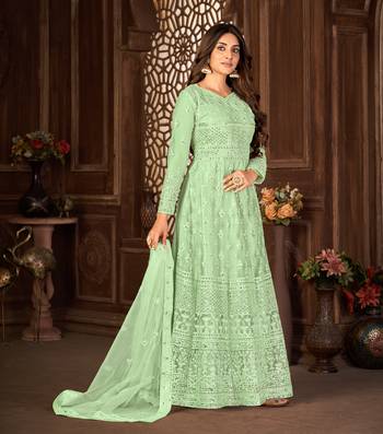 GREEN NET ANARKALI EMBROIDERED WORK LONG SALWAR SUIT DUPATTA 5