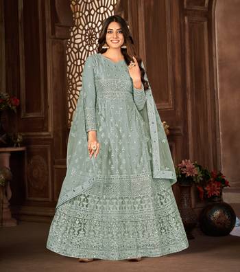 GREY NET ANARKALI EMBROIDERED WORK LONG SALWAR SUIT DUPATTA 1