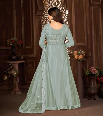 GREY NET ANARKALI EMBROIDERED WORK LONG SALWAR SUIT DUPATTA 3