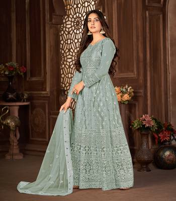 GREY NET ANARKALI EMBROIDERED WORK LONG SALWAR SUIT DUPATTA 4