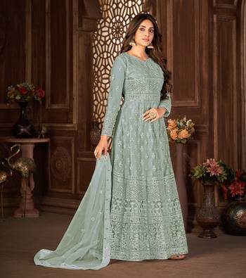 GREY NET ANARKALI EMBROIDERED WORK LONG SALWAR SUIT DUPATTA 5