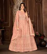 PEACH NET ANARKALI EMBROIDERED WORK LONG SALWAR SUIT DUPATTA