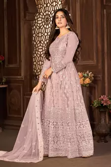 PURPLE NET ANARKALI EMBROIDERED WORK LONG SALWAR SUIT DUPATTA