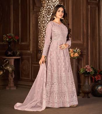 PURPLE NET ANARKALI EMBROIDERED WORK LONG SALWAR SUIT DUPATTA 5