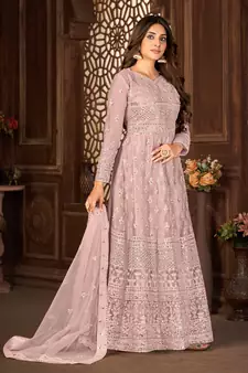 PURPLE NET ANARKALI EMBROIDERED WORK LONG SALWAR SUIT DUPATTA