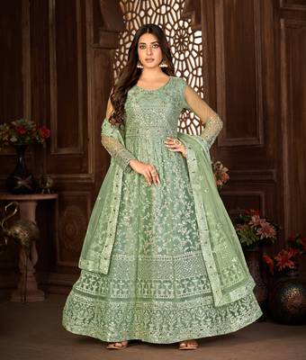 GREEN NET ANARKALI EMBROIDERED WORK LONG SALWAR SUIT DUPATTA 1