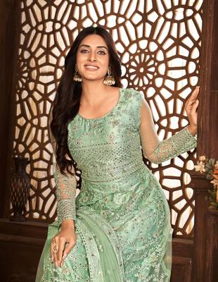 GREEN NET ANARKALI EMBROIDERED WORK LONG SALWAR SUIT DUPATTA 2