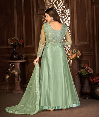 GREEN NET ANARKALI EMBROIDERED WORK LONG SALWAR SUIT DUPATTA 3