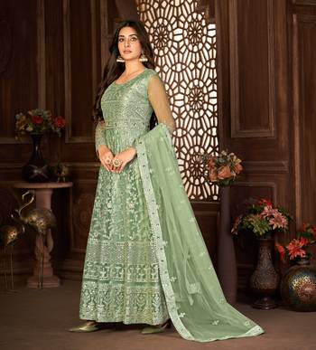 GREEN NET ANARKALI EMBROIDERED WORK LONG SALWAR SUIT DUPATTA 4