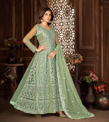 GREEN NET ANARKALI EMBROIDERED WORK LONG SALWAR SUIT DUPATTA 5