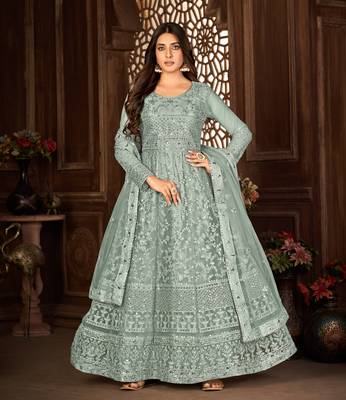 GREY NET ANARKALI EMBROIDERED WORK LONG SALWAR SUIT DUPATTA 1
