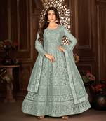 GREY NET ANARKALI EMBROIDERED WORK LONG SALWAR SUIT DUPATTA