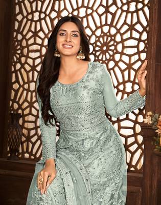 GREY NET ANARKALI EMBROIDERED WORK LONG SALWAR SUIT DUPATTA 2