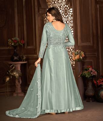 GREY NET ANARKALI EMBROIDERED WORK LONG SALWAR SUIT DUPATTA 3