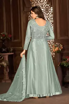 GREY NET ANARKALI EMBROIDERED WORK LONG SALWAR SUIT DUPATTA