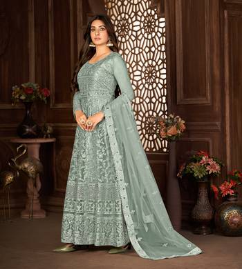 GREY NET ANARKALI EMBROIDERED WORK LONG SALWAR SUIT DUPATTA 4