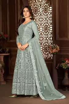 GREY NET ANARKALI EMBROIDERED WORK LONG SALWAR SUIT DUPATTA