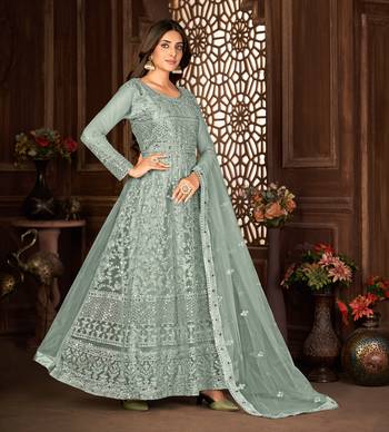 GREY NET ANARKALI EMBROIDERED WORK LONG SALWAR SUIT DUPATTA 5