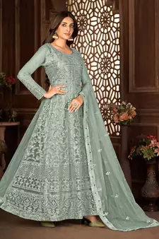 GREY NET ANARKALI EMBROIDERED WORK LONG SALWAR SUIT DUPATTA