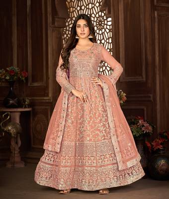 PEACH NET ANARKALI EMBROIDERED WORK LONG SALWAR SUIT DUPATTA 1
