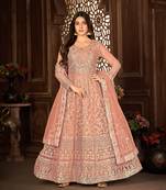 PEACH NET ANARKALI EMBROIDERED WORK LONG SALWAR SUIT DUPATTA