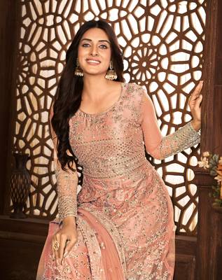PEACH NET ANARKALI EMBROIDERED WORK LONG SALWAR SUIT DUPATTA 2