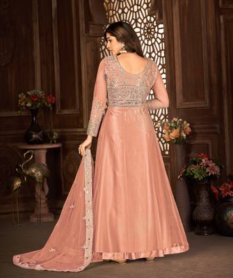 PEACH NET ANARKALI EMBROIDERED WORK LONG SALWAR SUIT DUPATTA 3