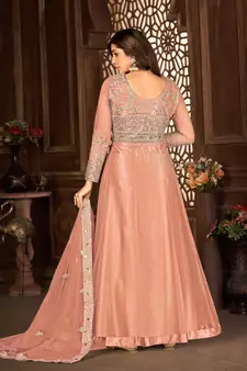 PEACH NET ANARKALI EMBROIDERED WORK LONG SALWAR SUIT DUPATTA