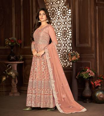 PEACH NET ANARKALI EMBROIDERED WORK LONG SALWAR SUIT DUPATTA 4