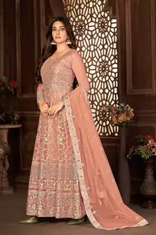 PEACH NET ANARKALI EMBROIDERED WORK LONG SALWAR SUIT DUPATTA