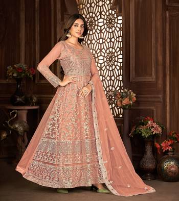 PEACH NET ANARKALI EMBROIDERED WORK LONG SALWAR SUIT DUPATTA 5
