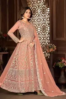 PEACH NET ANARKALI EMBROIDERED WORK LONG SALWAR SUIT DUPATTA