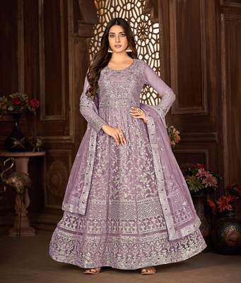PURPLE NET ANARKALI EMBROIDERED WORK LONG SALWAR SUIT DUPATTA 1